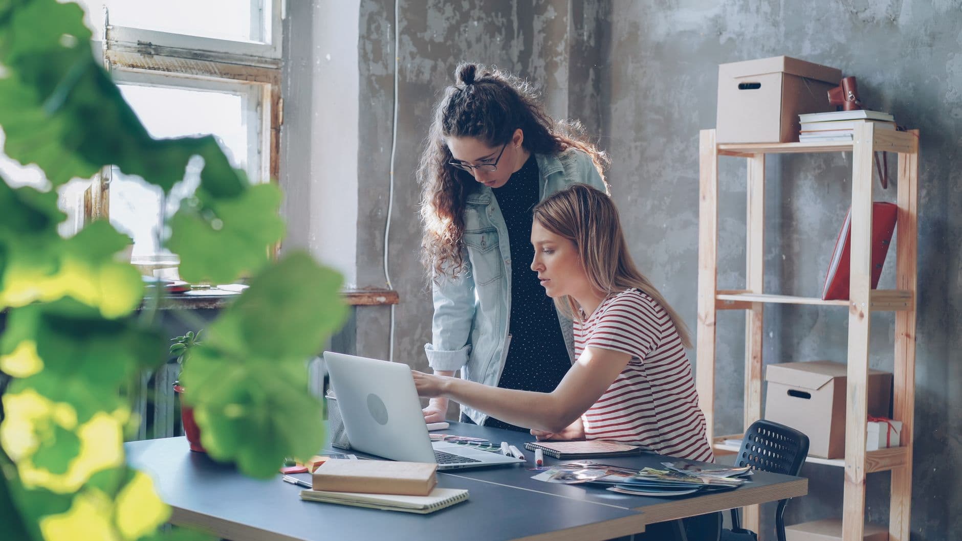Two colleagues collaborating on a laptop in a bright office